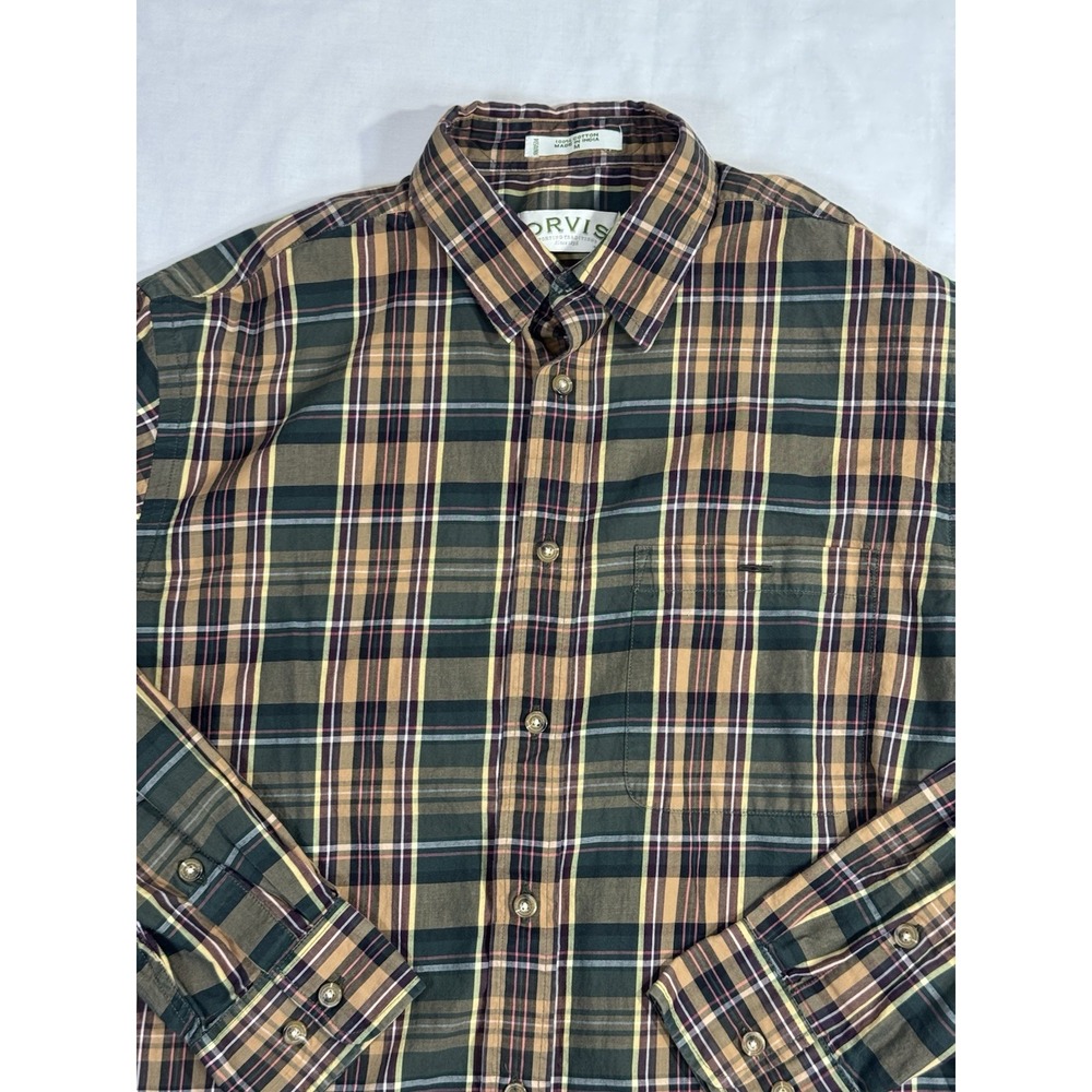 ORVIS‎ Mens Medium Long Sleeve Plaid Casual Button Down Shirt 100% Cotton Green